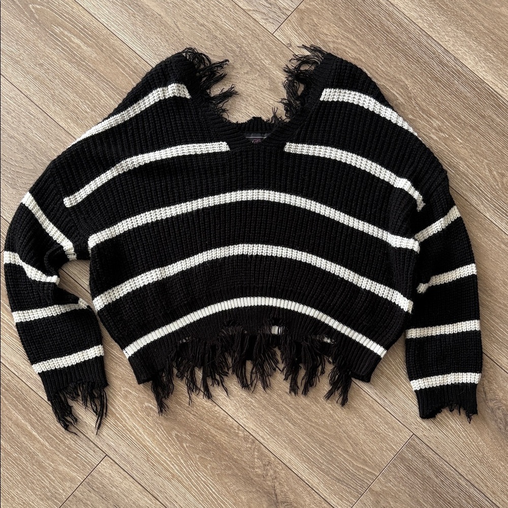 Polly & Esther Black and White Striped Distressed V-Neck Sweater